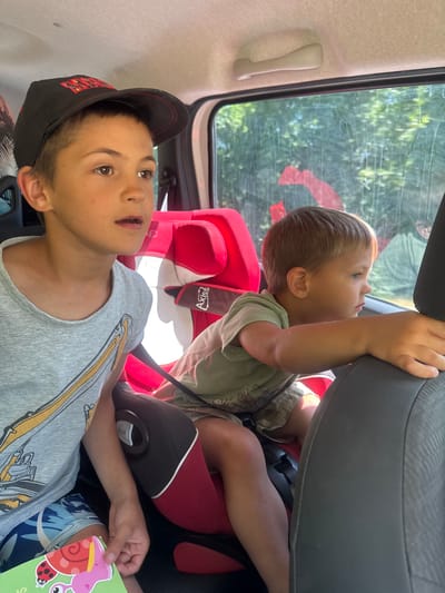 Two young boys are seated in the back of a car. The boy on the left, wearing a black baseball cap and a grey t-shirt with a construction vehicle graphic, looks towards the right side of the frame. The boy on the right, wearing a light green t-shirt and camouflage shorts, looks out the car window to the right, with his arm resting on the back of a car seat. Both boys are positioned in car seats. Through the car windows, trees and foliage are visible, suggesting a rural or suburban setting. The scene appears to be a snapshot of a family car trip. The location is identified as Lavans-lès-Saint-Claude, France.