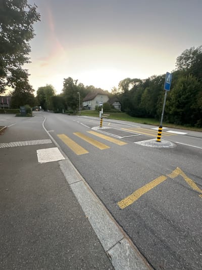 The image depicts a static street scene in Solothurn, Switzerland, at either dawn or dusk, characterized by soft, low-angle light. The foreground features an asphalt roadway with a distinct pedestrian crossing marked by three parallel yellow stripes. To the left, a concrete sidewalk is present, containing white tactile paving and parallel white dashed lines. A granite curb separates the sidewalk from the street.
In the mid-ground, a raised concrete median island with a shorter set of yellow pedestrian crossing stripes is visible. Two poles with black and yellow hazard stripes are positioned within the pedestrian crossing area; one is on the median island, and another, taller pole on the right side of the road, supports a blue pedestrian crossing sign depicting a white walking figure. Additional yellow arrow-like road markings are visible on the asphalt in the lower right.
The background reveals a residential or institutional building with a light-colored facade and a reddish roof, partially obscured by dense green deciduous trees. To its right, a second building with a darker, possibly half-timbered architectural style is present. Lush green foliage and trees line both sides of the street, particularly the right side, suggesting a wooded or park-like environment. The sky above transitions from a warm, light hue near the horizon to a pale blue-grey overhead. No individuals or vehicles are present.