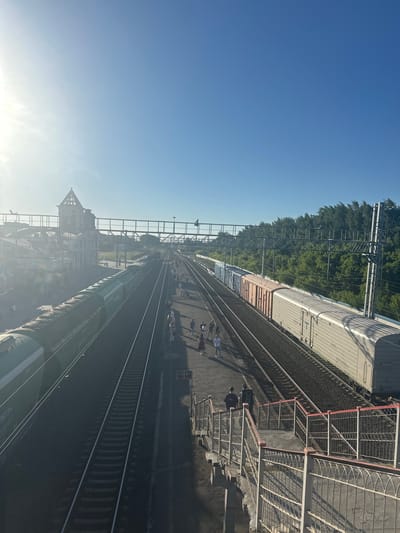 The image depicts a view of a train station in Berdsk, Russia, from an elevated perspective. Multiple train tracks run through the scene, with several trains visible. One train, likely a passenger train, is predominantly green and stretches across the lower portion of the image. Another train, appearing to be a cargo train, is partially visible further up the tracks, with a beige and red carriage.
On the platform beside the tracks, several people are gathered, appearing to be waiting or walking. They are small figures in the distance, making it difficult to discern specific details about them. The setting is a sunny day, indicated by the clear blue sky and the distinct shadows cast on the ground and tracks. The sunlight suggests it is likely morning or afternoon.
In the background, dense green trees line the edge of the train tracks, contrasting with the man-made structures of the station. A pedestrian walkway or overpass with a white metal railing is also visible on the right side of the image, suggesting a typical train station infrastructure. A sign with the text "314" and arrows is visible on a post near the tracks. The overall atmosphere seems calm and ordinary, depicting a typical day at a Russian train station.