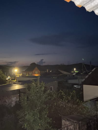 An elevated nighttime view captures a rural or suburban landscape with scattered buildings and hilly terrain under a dark blue sky with faint clouds. In the foreground, a dense, leafy tree with small, round fruits is partially visible. To the left, a dilapidated building with peeling paint is illuminated by artificial light. A corrugated metal roof is visible in the mid-ground.
Further into the scene, a brick house with prominent windows stands out, illuminated by a bright outdoor lamp to its left. Several other smaller structures and buildings are scattered throughout the landscape, some with lights on. In the distance, rolling hills form the backdrop, and a few faint lights can be seen on the horizon. A tall, metal structure with a green light on top is visible on one of the distant hills. The overall impression is one of a quiet, dimly lit evening in a rural or semi-rural setting. It is impossible to definitively determine the exact location within Mednogorsk, Russia, from the visual information provided.