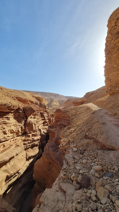 The image, taken in Hevel Eilot Regional Council, Israel, presents a low-angle perspective of a canyon or ravine. The foreground features rugged, textured rock formations in shades of brown and orange. To the right, the canyon walls appear close, with visible sedimentary layering and small caves or overhangs. Above and to the left, a patch of bright blue sky is visible, suggesting a sunny day. The top of the frame shows more rocky overhangs, casting shadows on the canyon walls. The scene is devoid of people or animals, focusing solely on the geological features.