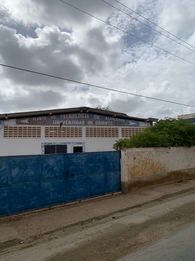 The image shows the exterior of a building with the sign "PLANTA DE TECNOLOGIA DE ALIMENTOS UNIVERSIDAD DE ORIENTE" in faded blue lettering. The building is white with rows of rectangular openings. In front of the building is a large, faded blue metal gate. To the right of the gate, a rough, textured wall is visible, partially covered by lush green foliage. A paved road and sidewalk are in the foreground. The sky above is cloudy. The scene appears to be located in Boca del Río, Venezuela, specifically at the Planta de Tecnología de Alimentos of Universidad de Oriente.