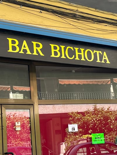 The image shows the exterior of a building with a sign that reads "BAR BICHOTA" in large yellow letters against a black background. The building has a yellow facade with black trim and a blue stripe. Below the sign, there are large glass windows with orange awnings visible inside. To the left, there is a glass door with an "Alarma" sticker and a red car reflected in the glass. To the right, there is a red wall and a green sign with text and a phone number. The context of Figueres, Spain, is mentioned but not visually evident in the provided image. The scene appears to be an outdoor view of a commercial establishment during daylight hours.