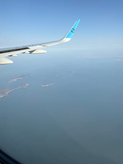 An aerial photograph captures a view from an aircraft over a body of water dotted with islands. The upper left portion of the frame shows the white/light grey starboard wing of an aircraft, featuring a light blue winglet adorned with a dark circular logo resembling an "S." The aircraft registration "HL8303" is visible on the wing's upper surface. Below the aircraft wing, a vast expanse of calm, blue-grey sea is observed, extending to the horizon. Numerous small, irregularly shaped islands, characterized by undeveloped, vegetated terrain and some sandy shorelines, are scattered across the water. The sky above is clear and light blue, indicating fair weather conditions. The geographical features are consistent with an overflight of the Yellow Sea in the vicinity of Seosan-si, South Korea. No individuals are visible. The scene is illuminated by daylight.