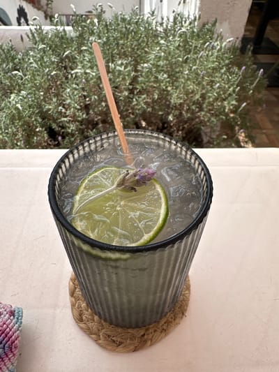 A close-up shot captures a refreshing drink in a ribbed, dark gray glass, placed on a woven straw coaster on a pale pink surface. The drink is filled with ice, a slice of lime, and a sprig of lavender, with a light-colored stir stick emerging from the top. In the background, a lush green bush with small purple flowers, likely lavender, is in focus, suggesting an outdoor setting, possibly a patio or garden area in Zacatecas City, Mexico. The overall impression is one of a relaxed, possibly cafe or restaurant environment.