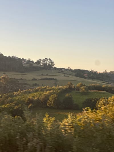 This is a vertical, eye-level, medium shot of rolling hills in Llanera, Spain, bathed in the soft, warm light of either sunrise or sunset. The sky transitions from a pale blue at the top to a soft yellow near the horizon. The landscape is characterized by a patchwork of green fields and dense clusters of trees, with some of the trees appearing as dark silhouettes against the lighter sky. Several buildings, possibly houses with red roofs, are visible nestled on the hillsides. The foreground of the image is blurred due to motion, suggesting the photograph was taken from a moving vehicle, and this blur gives a streaky, golden-yellow appearance to the vegetation. There are no people or animals visible in the frame. The overall impression is one of a tranquil, rural setting.