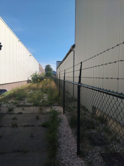This image depicts an outdoor scene, likely an industrial or commercial area, in Deurne, Netherlands. The foreground shows a concrete pathway with some weeds growing through cracks. To the right of the pathway is a gravel area and a black chain-link fence topped with barbed wire, running parallel to a large, cream-colored building. This building has a corrugated facade. Further to the left, another large cream-colored building is visible, also with a corrugated facade, angled away from the viewer. Between the buildings, in the midground, is an overgrown area with various plants and some scattered yellow wildflowers. In the background, a multi-story building with windows and a brick base can be seen, along with trees and a clear blue sky. The overall impression is one of an undeveloped or neglected space adjacent to functional structures.