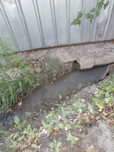The image shows a narrow, shallow concrete drainage ditch running alongside a corrugated metal fence. The ditch contains murky, stagnant water with some debris floating on the surface. The surrounding ground is covered with dirt, gravel, and various types of weeds and grasses. Some of the vegetation appears dry and brown, while other plants are green and leafy. There is a small concrete culvert or structure entering the ditch from the left side of the image. A branch with green leaves hangs over the fence from the upper right corner of the frame. The scene appears to be an outdoor environment, likely a less maintained area within the city of Бұлақты, Kazakhstan, possibly an alleyway or the edge of an industrial or residential area. No people are present in the image.