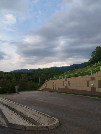 The image depicts an outdoor scene, likely in the city of Қотырбұлақ, Kazakhstan, during overcast daytime conditions. In the foreground, a paved road runs from the bottom left towards the right of the frame, with a concrete drainage ditch running parallel to it on the left. The road surface appears wet in places, suggesting recent rain. Beyond the road, a tiered retaining wall is visible, clad in beige and brown tiles arranged in a geometric pattern. Two wall-mounted light fixtures are present on the wall.

The middle ground features a grassy slope ascending behind the retaining wall, bordered by a yellow railing. Trees, some with dark green foliage and others appearing browner, are scattered on the slope and in the area behind the retaining wall. Further back, a dense forest covers rolling hills, with the dark green of the trees forming a continuous carpet. In the far distance, a mountain range with a rugged ridgeline is silhouetted against the sky.

The sky above is filled with a mixture of grey and white clouds, with patches of lighter blue sky visible. The overall impression is a somewhat somber, natural landscape with man-made structures integrated into it. There are no people or animals visible in the image.