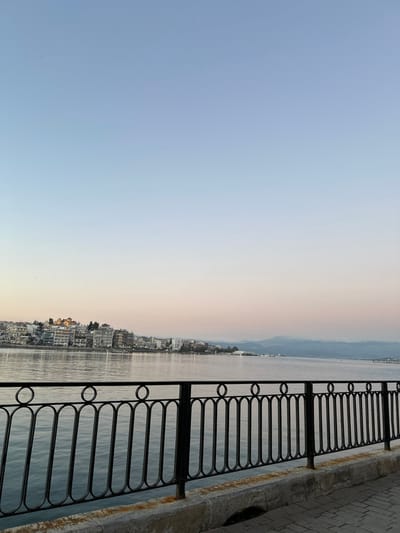 The image captures a tranquil coastal scene in Chalkida, Greece, viewed from an elevated perspective along a promenade. In the foreground, a dark, ornate metal railing with repeating oval and circular patterns runs vertically along the right side of the frame, separating the viewer from a calm body of water. To the immediate right of the railing, a light-colored paved walkway with distinct tile patterns is partially visible.
The middle ground is dominated by the expansive, still waters, likely part of the Euripus Strait or the Aegean Sea. Along the far shore, a dense cityscape of Chalkida stretches horizontally, featuring numerous multi-story buildings, some displaying Mediterranean architectural characteristics. Subtle reflections of these structures can be observed on the water's surface.
In the background, hazy mountains or hills rise across the water behind the urban area. The sky, which occupies the upper portion of the image, displays a gentle gradient. It transitions from a clear, light blue at the top to a softer, almost pale golden or peach hue near the horizon, indicative of either early morning light (sunrise) or late afternoon (sunset). The overall atmosphere is peaceful and serene, with no specific activity or individuals visible. The weather appears clear and calm, contributing to the tranquil mood. No visible text is present in the image.