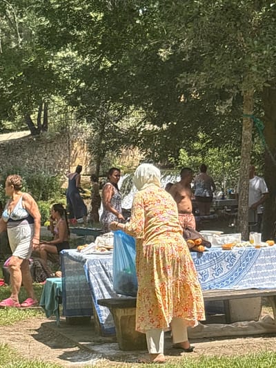 In Campezo / Kanpezu, Spain, a group of people are gathered outdoors near a natural body of water, likely a river or stream, judging by the presence of a small waterfall in the background and the surrounding greenery. The scene appears to be a casual outing, possibly a picnic or a gathering after swimming. 

In the foreground, a woman wearing a light-colored, floral-patterned dress and a white headscarf is facing away from the camera, holding a blue plastic bag. To her left, another woman in a blue and white patterned dress stands next to a table covered with a blue and white patterned tablecloth. On the table, food items, including what appear to be bread rolls and possibly sandwiches, are laid out. A glass with a yellowish liquid and a bottle are also visible on the table.

Further back, several other individuals are present. One man, with his back to the camera, is wearing orange shorts and appears to be shirtless. Another woman, in a patterned swimsuit, is seen from the back. A woman in a dark blue jumpsuit is also in the background, near the waterfall. On the far left, a woman with curly hair is wearing a blue and white top and light-colored shorts, with pink sandals. Another woman is seated on the ground in the mid-ground, wearing a bikini.

The environment is lush and green, with mature trees providing shade. The ground is covered with grass and dirt. The overall impression is that of a relaxed, outdoor social gathering in a natural setting.
