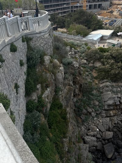 A high-angle view, rotated counter-clockwise, features a stone wall with a white balustrade along its top edge, occupied by several people. The wall descends sharply into a rocky terrain covered with vegetation and a steep cliff face on the right. A construction site with a crane and unfinished buildings is visible on the left side of the image, along with a white building with a staircase. The scene suggests an urban area adjacent to natural cliffs, likely the city of Гаспринский поселковый совет, Ukraine. The people are standing on the structure, seemingly observing the view.