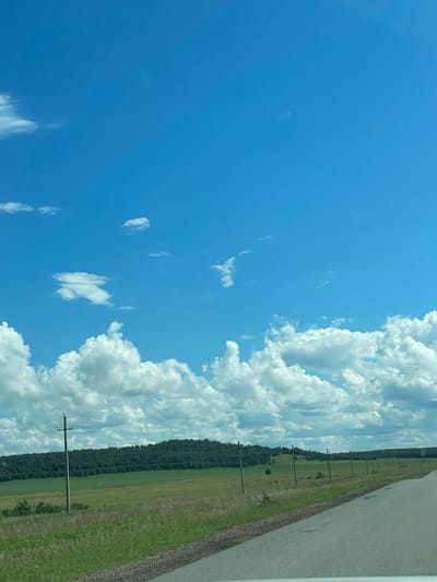 The image depicts a rural landscape under a bright blue sky with scattered white clouds. A paved road runs along the right side of the frame, receding into the distance. On the left side of the road, there is a field with tall green grass bordering a larger green field. In the background, a dense forest covers a gently rolling hill. Several utility poles with wires stretch across the landscape, marking the edge of the field and lining the road. The environment appears natural and undeveloped, suggesting a location outside of a major urban area. There are no people or animals visible in the image. The scene is static and peaceful, capturing a moment of travel through a countryside setting.