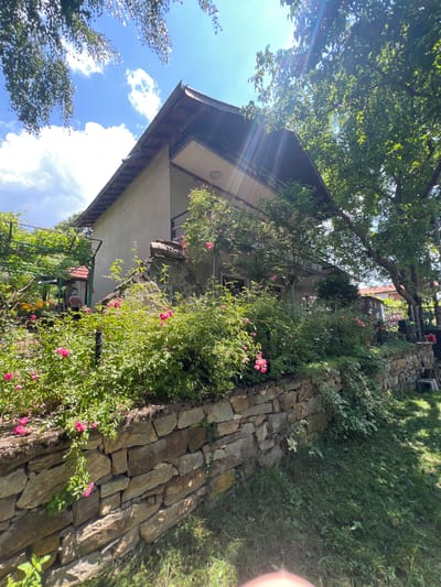 The image shows a two-story house with a concrete facade and a tiled roof, surrounded by lush greenery. A stone wall runs along the foreground, separating the property from a grassy area. Pink roses are in bloom, climbing over the wall and mingling with other plants. The house has a balcony on the upper floor, partially obscured by trees. Sunlight filters through the leaves, creating a dappled effect. In the background, other houses with red tiled roofs are visible. The scene appears to be a residential area in Sokolovo, Bulgaria, on a sunny day.