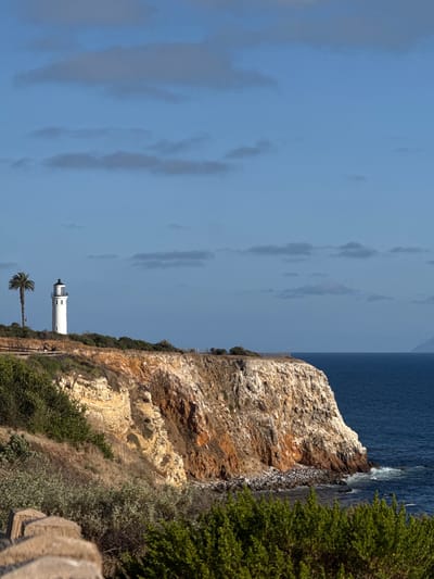 The image shows the Point Vicente Lighthouse, located in Rancho Palos Verdes, California, United States. The lighthouse, a white cylindrical structure with a black top, stands near the edge of a cliff. A palm tree is located near the lighthouse. The cliff is composed of layers of rock and is covered with vegetation. The ocean is visible on the right side of the image, with waves crashing against the cliff. The sky is blue with some clouds.