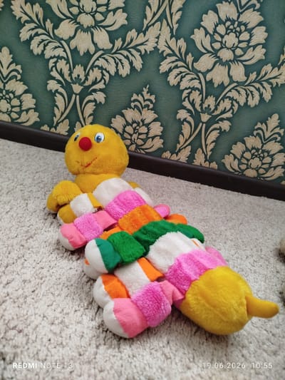 A plush caterpillar toy with a yellow head featuring a red nose and blue eyes lies on a beige carpet. The caterpillar's body is segmented into colorful sections of pink, white, green, and orange fabric. Behind the toy, a wall is covered with teal wallpaper adorned with a cream-colored floral pattern. A dark brown baseboard runs along the bottom of the wall. The scene appears to be indoors, possibly in a residential setting. No specific details about the city of Асан-Чек, Kyrgyzstan are depicted in the image.