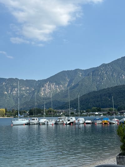 A serene, vertical shot captures a clear blue sky with scattered white clouds above a tranquil lake. The lake is dotted with numerous moored sailboats and small motorboats, their masts standing tall against the backdrop of lush green mountains. The shoreline is lined with houses and trees, creating a picturesque scene. In the foreground, the clear lake water reflects the sky and the boats, with a small gravelly beach visible at the bottom right. The scene is likely from Calceranica al Lago, Italy, given the presence of a lake and mountainous terrain. There are no visible people in the image.