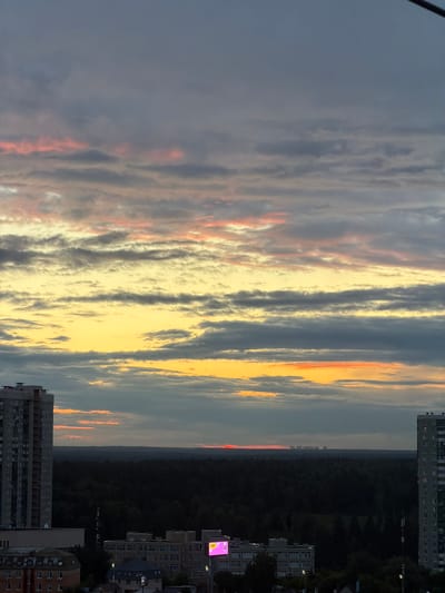 This is a vertical, medium-wide shot of a sky during sunset, viewed from a high vantage point overlooking a city. The sky is filled with dramatic, striated clouds, painted in hues of soft grey, pale yellow, and warm pink, suggesting the sun is low on the horizon. The light is diffused, creating a serene and somewhat melancholic mood.
In the foreground and mid-ground, apartment buildings with rows of windows are visible, some appearing to be more modern high-rises, others older Soviet-era blocks. The buildings are dark against the bright sky, and lights are beginning to appear in some windows, indicating early evening. A thick line of dark trees forms a boundary between the city and the sky in the distance, with a faint line of distant buildings visible on the horizon. On one building, a large, rectangular pink billboard displays the number "195".
The scene is set in Otradnoye, Russia, and the time of day is clearly sunset, with the weather appearing partly cloudy. The overall impression is one of an urban landscape at dusk, with the beauty of nature's celestial display contrasting with the man-made structures. There are no people or active events depicted, only the quiet transition from day to night.