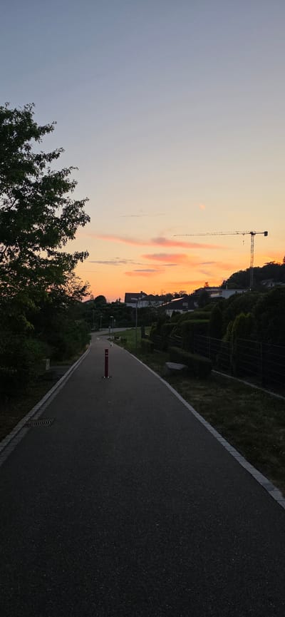 The image depicts a sunset scene in Lieli, Switzerland, viewed from a paved pathway. The sky is a gradient of soft blue to a vibrant orange and pink hue, indicative of the twilight hours. Wispy clouds are scattered across the sky, catching the warm light of the setting sun.
Dominating the left side of the frame, a large construction crane stands tall against the colorful sky, suggesting ongoing development or infrastructure work in the area. Below the crane, a line of houses with dark roofs is visible, nestled amongst lush green trees and dense foliage that borders the pathway. The pathway itself is dark asphalt, with a distinct lighter-colored border made of cobblestones or pavers.
On the right side of the pathway, a grassy slope rises, also covered with trees and shrubs. A single red and white marker is placed on the pathway, possibly indicating a hazard or a point of interest. The overall mood of the image is peaceful and serene, with the natural beauty of the sunset contrasting with the man-made elements. The lighting suggests it is late evening, and the weather appears clear. There is no visible text in the image.