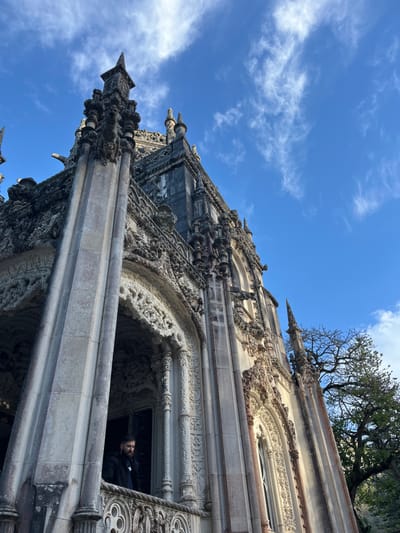 A low-angle shot captures the exterior of a richly ornamented building against a bright blue sky dotted with scattered clouds. The architecture showcases intricate carvings and detailed stonework. At one arched opening, a person is visible. Bare tree branches extend from the building's upper regions. The scene is captured with an upward perspective, emphasizing the height and ornate features of the structure.
