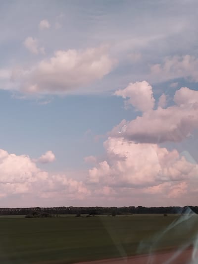 The image shows a wide, flat landscape under a partly cloudy sky. A dark line of trees forms a distant horizon. In the foreground, a green field stretches out, with some subtle variations in shade and texture. The sky is a pale blue, dotted with fluffy white and pinkish clouds that are illuminated by sunlight, suggesting it is either early morning or late afternoon. There are no people or man-made structures visible in the immediate scene. The overall impression is one of rural tranquility. The location is not specified in the image itself.