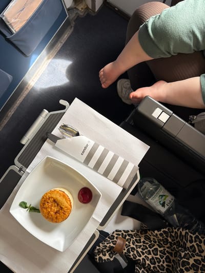 The image shows a tray table on an airplane. On the table is a white square plate with a circular dessert topped with a red sauce and a sprig of mint. Next to the plate is a cutlery set in a paper sleeve marked with the word "condor."
To the left of the tray table is a child’s legs. The child is wearing green pants and gray socks. The location is an airplane cabin, not Walldorf, Germany.