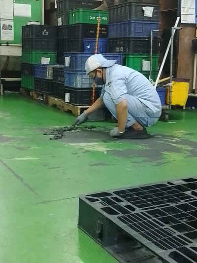 The image depicts an industrial setting with a person wearing a light blue uniform and a white cap crouched on a green-painted concrete floor. The person is wearing grey gloves and is using their hands to scoop up a pile of dark debris from the floor. In the background, there are stacks of colorful plastic crates, predominantly blue and green, with some black crates visible as well. A yellow bucket and a metal pole are also present. The floor appears to be slightly wet or stained in some areas. The scene suggests a cleaning or maintenance activity in a storage or manufacturing area.