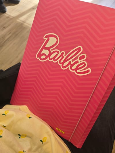 A close-up shot depicts a pink Barbie-themed folder with white script on a person's lap. The folder features a striped, chevron pattern. A small yellow rectangular label is visible on the edge of the folder. The person is wearing dark jeans and a yellow lemon-print shirt. The surface beneath the folder is a light wood-look floor. There is no information about Oberasbach, Germany in the image.