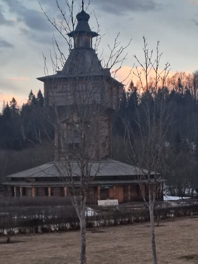 The image shows a tall, wooden building with a spire, possibly a church, in Vzglyadnevo, Russia. Bare trees obscure parts of the structure. A sign with Cyrillic text is visible near the building's entrance. The environment includes a grassy field and a dark forest in the background. The sky is a mix of grey and orange, suggesting either sunrise or sunset. No people are visible.