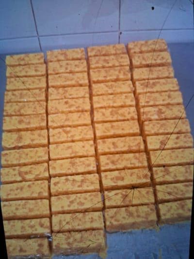 The image displays a close-up, overhead view of numerous rectangular, yellow food items, possibly cookies or pastries, arranged in neat rows and columns. The food items have a speckled texture, suggesting ingredients like spices or nuts. They are placed on a light-colored, tiled surface, possibly a kitchen counter or floor. The overall impression is of a large batch of freshly prepared or stored baked goods. The image appears to be taken indoors. There is no indication of the location being Medvezhyi Ozyora, Russia.