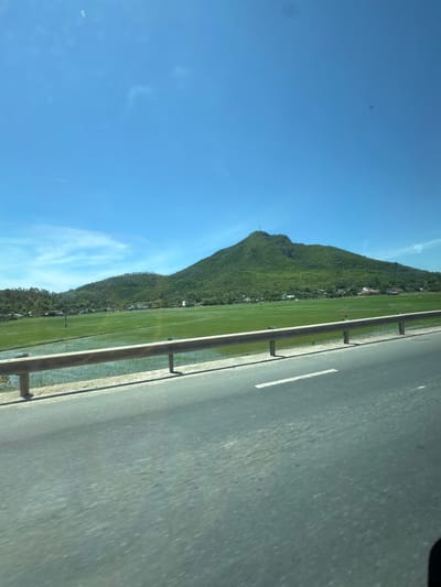 The image depicts a scenic view from a roadside in Tuy Hoa, Vietnam. The primary subjects are a lush green mountain covered in vegetation, a vast expanse of green rice paddies, and a road with a white line marking its lane. The scene is bathed in bright sunlight, indicating it is daytime. The sky is a clear, vibrant blue with a few wispy clouds.

The perspective suggests the photo was taken from a moving vehicle, possibly a car or bus, as evidenced by the angle of the road and the slight blur of the pavement. The presence of a metal guardrail along the side of the road further supports this observation. Small clusters of houses and buildings are visible scattered along the edge of the rice paddies, nestled at the foothills of the mountain. A faint cross-like structure is visible atop the mountain peak, which could be a religious monument or a marker. The water in the rice paddies reflects the sky and the surrounding greenery, adding depth to the landscape.

There is no visible text in the image. The overall impression is one of natural beauty and rural tranquility, characteristic of the Vietnamese countryside. The time of day is clearly midday or early afternoon due to the intensity of the sunlight and the clear sky. The weather appears to be fair and sunny, ideal for outdoor activities or travel.
