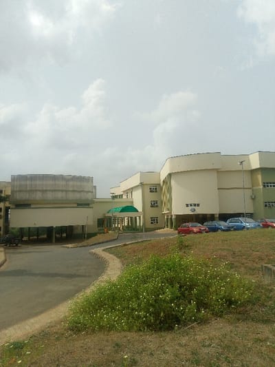 This image depicts an outdoor scene within the city of Adzho, Nigeria, featuring modern institutional buildings, a paved road, and landscaping under an overcast sky.

In the foreground, a dark asphalt road curves from the lower left towards the mid-ground, bordered by a light-colored curb. To the right of the road, a grassy slope exhibits patches of green and dry brown vegetation. A dense bush with small white flowers is prominent in the immediate foreground, obscuring the base of the slope.

In the mid-ground and background, two primary multi-story buildings dominate the scene. The central building is primarily cream-colored with sections of light green on its upper facade, featuring multiple rectangular windows. A prominent curved section is visible on its upper right. A dark green arched canopy covers an entrance to this building. Several passenger vehicles are parked on the grassy area adjacent to this building, including red, blue, and light blue sedans. A tall, dark street light pole stands to the right of this building. A small human figure, wearing orange, is visible near the covered entrance, appearing to walk or stand.

To the left, another cream-colored building, appearing to be multi-story, has an open ground floor supported by columns. Its upper section exhibits a weathered, darker gray finish. A raised walkway or connecting structure, also cream-colored, links the two main buildings. A dark vehicle is partially visible beneath the left building's open ground floor. The sky is largely overcast with diffuse, light gray clouds, indicating an absence of direct sunlight.