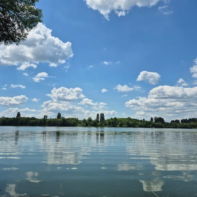 The image depicts a tranquil scene of a wide river with a dense line of green trees bordering the opposite bank. The sky is a vibrant blue, dotted with fluffy white cumulus clouds. The water's surface is slightly rippled, reflecting the clouds and the distant trees. The lighting suggests it is daytime, likely a clear and sunny day. No people or structures are visible. The setting appears to be a natural landscape, possibly a park or a recreational area along the river. The location is identified as being in the city of Chmyrivka, Ukraine.