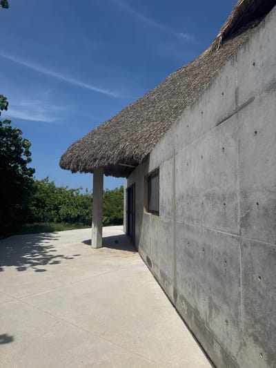 This image, captured in San Isidro Llano Grande, Mexico, depicts the exterior of a building under clear daytime conditions. The structure features a smooth, light-grey concrete facade with visible formwork tie holes and vertical seams, contrasting with a thick, dark-brown thatched roof. The roof extends significantly over a light-colored concrete patio, supported by a singular, cylindrical concrete pillar. A dark-framed window and a dark-framed sliding door are visible on the building's concrete side. The surrounding environment includes dense green foliage to the left and in the background of the building, set against a mostly clear blue sky with minimal, wispy white clouds. Sunlight illuminates the scene from the right, casting distinct shadows of tree leaves and the building's overhang onto the patio. No individuals or active subjects are present.