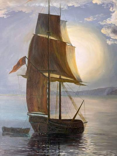 The image appears to be an oil painting of a sailing ship. The vessel is depicted with its sails partially unfurled, catching a soft, diffused light. The colors are muted, with shades of brown, beige, and gray dominating the palette.
The ship is reflected in the water below, creating a mirrored image that adds depth and dimension to the scene. The reflection is somewhat distorted, suggesting movement or ripples on the water's surface. The background features a cloudy sky with a bright, indistinct light source. The style is reminiscent of maritime paintings from the 19th century.
There is no evidence to suggest the painting is of a specific location or city, such as Levkovo, Russia. The scene is a generic maritime setting. There are no people depicted in the image.