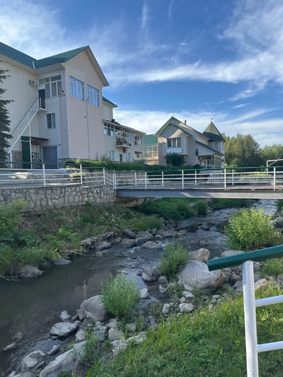 The image depicts a scene in Danilovka, Altai Krai, Russia. A clear blue sky with scattered white clouds stretches above two light-colored buildings with green roofs. The building on the left is a multi-story structure with visible windows, an external staircase, and a large garage door. The building on the right is a two-story house with a prominent turret. Between the buildings and in the foreground, a small, rocky stream flows. A metal bridge spans the stream, and a white railing with green accents runs along the embankment. Lush green grass and various plants surround the stream and the buildings. There are no people visible in the image.