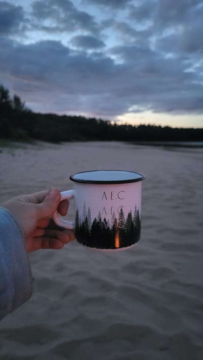 A hand holds a white enamel mug with a dark silhouette of pine trees around its base. The mug has black lettering on it, reading "ЛЕС" in two lines. The mug is positioned in the foreground, with a sandy beach stretching out behind it. In the background, a line of dark trees forms a horizon against a dusky sky with scattered clouds. The overall lighting suggests it is either dawn or dusk. The location is identified as Zaostrov'e, Russia.