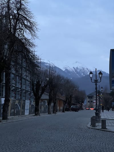 The image depicts a street scene in Kolašin, Montenegro, under an overcast sky. In the background, snow-capped mountains rise prominently. The foreground features a cobblestone street extending into the distance, with a lighter-toned paved pedestrian area on the right.
On the left side of the street, a multi-story building is under construction or renovation, largely obscured by scaffolding and a facade of white insulation panels and dark banners. A row of bare deciduous trees, indicative of winter, lines this side of the street, partially obscuring older, smaller buildings further back. One dark-colored SUV is parked on the left side of the street in the mid-ground.
On the right side, multiple ornate black streetlights with multiple luminaires are visible, along with a series of light-colored concrete bollards or pillars. Further down the street on the right, two individuals are discernible walking on the sidewalk. Red vehicle taillights are visible in the distance. The overall lighting is dim and diffused, consistent with an overcast day.