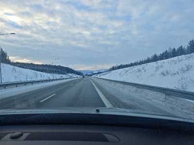 The scene depicts a winter highway in Moelv, Norway, viewed from the interior of a vehicle looking forward through the windshield. The vehicle's dark dashboard and the bottom edge of the windshield frame are visible in the lower portion of the image. The multi-lane highway, with visible white lane markings, has a clear asphalt surface, while snow covers the shoulders and adjacent ground. Metal guardrails run along both sides of the highway. Beyond these barriers, snow-covered embankments rise, densely forested with coniferous trees and interspersed with bare deciduous vegetation. Overhead, the sky is overcast with a mix of grey and white clouds. Several streetlights on tall poles are positioned along the left side of the highway. Multiple vehicles are observed in the distance, traveling along the highway in the same direction as the viewer. No individuals are discernible in the scene.