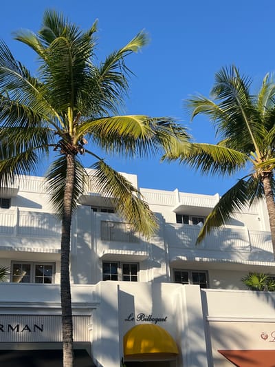 A bright sky serves as backdrop for tropical scenery. Two palm trees are prominent, their green fronds reaching upward. A white art deco building stands beside the trees, adorned with multiple windows and decorative architectural details. A yellow awning marks the entrance to "Le Bilboquet," its name displayed clearly. The bottom of the building reads "FORMAN". The scene evokes a sense of tropical elegance and architectural beauty.