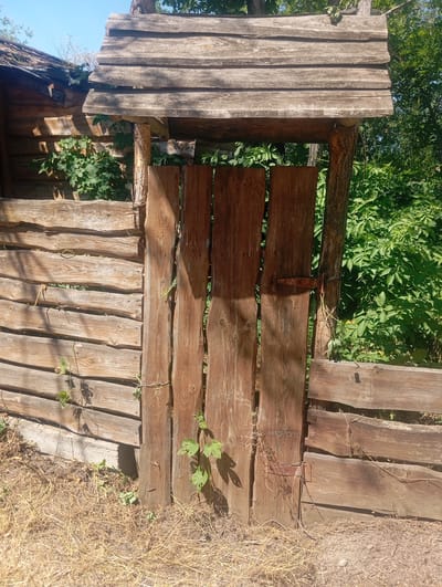 The image depicts a rustic wooden gate and fence, possibly located in Buzke, Ukraine. The gate is made of vertical wooden planks and is attached to a wooden post. A rusty hinge is visible on the right side of the gate. The fence is constructed from horizontal wooden slats. Overgrown green foliage is visible behind the fence and gate, suggesting an outdoor, perhaps rural or semi-rural, setting. The ground in front of the gate is covered with dry grass and soil. The overall impression is one of an aged and weathered structure, blending with the natural surroundings.