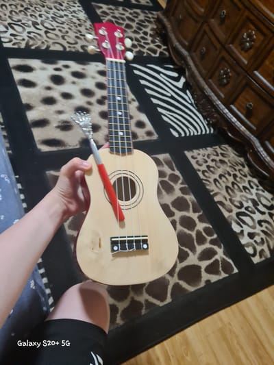 In the image, a person is holding a ukulele. The ukulele is made of light-colored wood and has a red headstock with white tuning pegs. There are four strings visible on the ukulele. A red object, possibly a pick, is resting on the strings. The person's hand is supporting the body of the ukulele.

The background features a patterned rug with animal prints, including leopard and zebra designs, and a dark border. To the left, a portion of a wooden dresser or furniture piece with ornate details is visible. The flooring appears to be made of wood.

The image is a close-up shot, and the lighting suggests it might be indoors during the daytime. There are no explicit indicators of the time of day or weather. The emotional tone is neutral, focusing on the object and the action of holding it.

Visible text on the right side of the image reads "Galaxy S20+ 5G", which is likely a watermark from the device used to capture the photograph. The location context provided is Woodburn, United States of America.