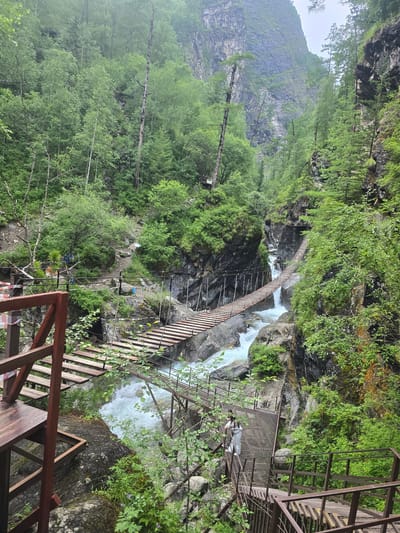 This image depicts a scenic view of a suspension bridge spanning across a rocky gorge with a rushing river below. The bridge is made of wooden planks and metal cables, with metal walkways and railings visible at the entrances. Lush green vegetation covers the steep slopes of the gorge, with trees and smaller plants growing densely on the rocky terrain. The river below is a vibrant, turquoise blue, indicating fast-moving water, with white rapids cascading over rocks.

There are a few people visible on the metal walkway of the bridge, appearing to be tourists or visitors enjoying the natural scenery. One person is standing on the walkway, and another is walking further along. The scene suggests a natural park or hiking area, likely in a mountainous region given the steep cliffs and dense forestation.

The time of day appears to be overcast, as the light is diffused and there are no strong shadows. The weather seems to be cool and possibly damp, contributing to the lush greenery. The location is identified as Arshan, Russia, which is known for its natural beauty and mountainous terrain. The overall impression is one of adventure and appreciation for the raw beauty of nature. There is no visible text in the image.