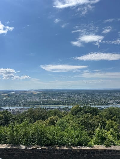 The image is a high-angle, wide shot of the city of Königswinter, Germany, from a vantage point on a hill. In the foreground, a stone wall separates the viewer from a dense cluster of lush green trees. Beyond the trees, the Rhine River flows, with a town visible on its banks. The river reflects the bright blue sky, which is dotted with scattered white clouds. In the distance, a vast landscape unfolds, with more towns and rolling hills stretching to the horizon. The overall impression is one of a serene and picturesque panorama.