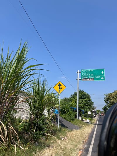 The image captures a roadside scene in Purworejo, Indonesia, under a clear blue sky. In the foreground, lush green sugarcane stalks dominate the left side of the frame, with dry grass and some debris visible on the roadside verge. A yellow diamond-shaped traffic sign with a black arrow pointing upwards is positioned on a pole.
Further down the road, a green directional signpost stands. It displays destinations in white text: "Pasrujambe Senduro", "Puncak B.29", "Ponpes Darun Najah", and "Tumpak Selo". Arrows indicate the directions for these locations. To the right of the signpost, the road stretches into the distance, with a few vehicles, including motorcycles and a truck, visible. Trees and vegetation line the sides of the road, with a few small structures and a blue tarp also present. The perspective suggests the photo was taken from a moving vehicle, with a portion of a black helmet visible in the bottom right corner.