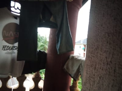 In Nanka, Nigeria, a low-angle, medium shot captures an outdoor scene where laundry hangs on a clothesline. In the foreground, a rough, textured wall occupies the right side of the frame. To the left, a white t-shirt with a circular logo that appears to be "NASA" and text below it reading "FLOURISH" is visible. Several dark-colored garments, possibly pants or shirts, are draped over a railing and on the clothesline, partially obscuring the background. The railing itself is ornate, with decorative, light-brown posts. In the background, lush green foliage and trees are seen. Further back, a light-colored building with windows is visible, suggesting a residential area. The lighting suggests it is daytime.