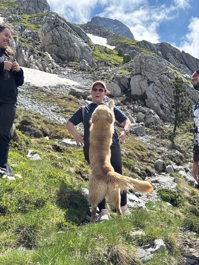 In Jošanica, Montenegro, three people and a golden retriever are on a rocky, grassy mountainside with snow patches and a cloudy blue sky. A woman in a black jacket and dark pants smiles while looking to the left. Another woman in a dark t-shirt and dark pants stands in the center, wearing sunglasses and a cap, with her arms extended and a golden retriever in front of her, standing on its hind legs. A man in a black and white patterned shirt and sunglasses is partially visible on the right, looking up. The environment is a steep, rugged mountain landscape with sparse vegetation and scattered rocks.