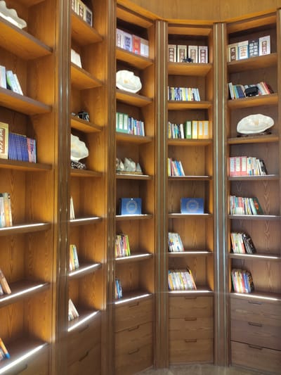 This image shows a wall of built-in wooden bookshelves in what appears to be a modern library or study. The shelves are organized into vertical sections, some with drawers at the bottom. The bookshelves are filled with various books, decorative items, and what looks like a small vintage camera. The lighting suggests an indoor setting, possibly illuminated by natural light from an unseen source and subtle internal shelf lighting. The architectural style and the types of books visible, some with Chinese characters, suggest the location could be a public or private space in Ürümqi, China, a major city in the Xinjiang Uyghur Autonomous Region. There are no people visible in the image.