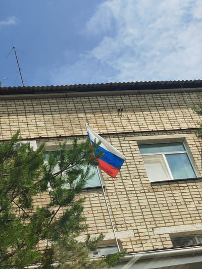An outdoor, eye-level, medium shot shows the side of a building in Khorol, Russia. The building is constructed of light-colored bricks, and a corrugated metal roof is visible at the top of the image. A Russian flag is displayed on a pole attached to the side of the building. A pine tree with green needles is in the foreground, partially obscuring a window unit and a window with blue curtains. The sky is blue with scattered white clouds, and a television antenna is mounted on the roof.