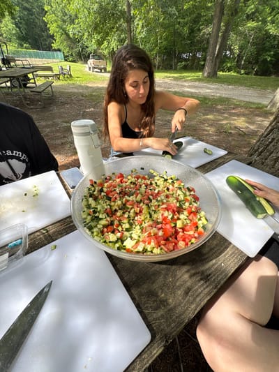 A woman is chopping cucumbers at a picnic table outside. She is wearing a black tank top and has long brown hair. She is using a knife to chop the cucumbers on a white cutting board. There is a large bowl of chopped cucumbers and tomatoes in front of her. The picnic table is made of wood and is located in a wooded area. There is a truck in the background. The image appears to be taken in Waynesboro, Virginia, United States of America.